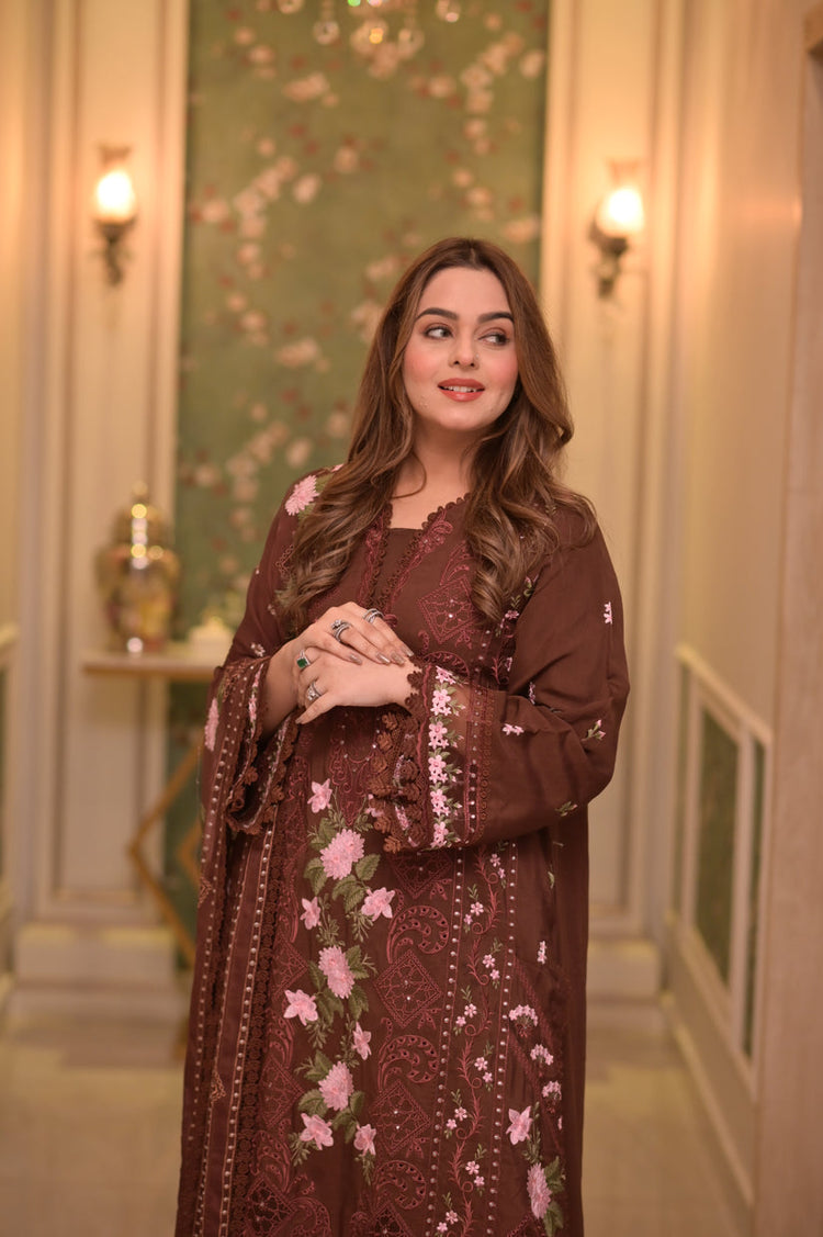 ANEELAS-3PC LAWN CHIKAN EMBROIDERED SHIRT WITH LAWN EMB DUPATTA AND TROUSER-SZ-4809