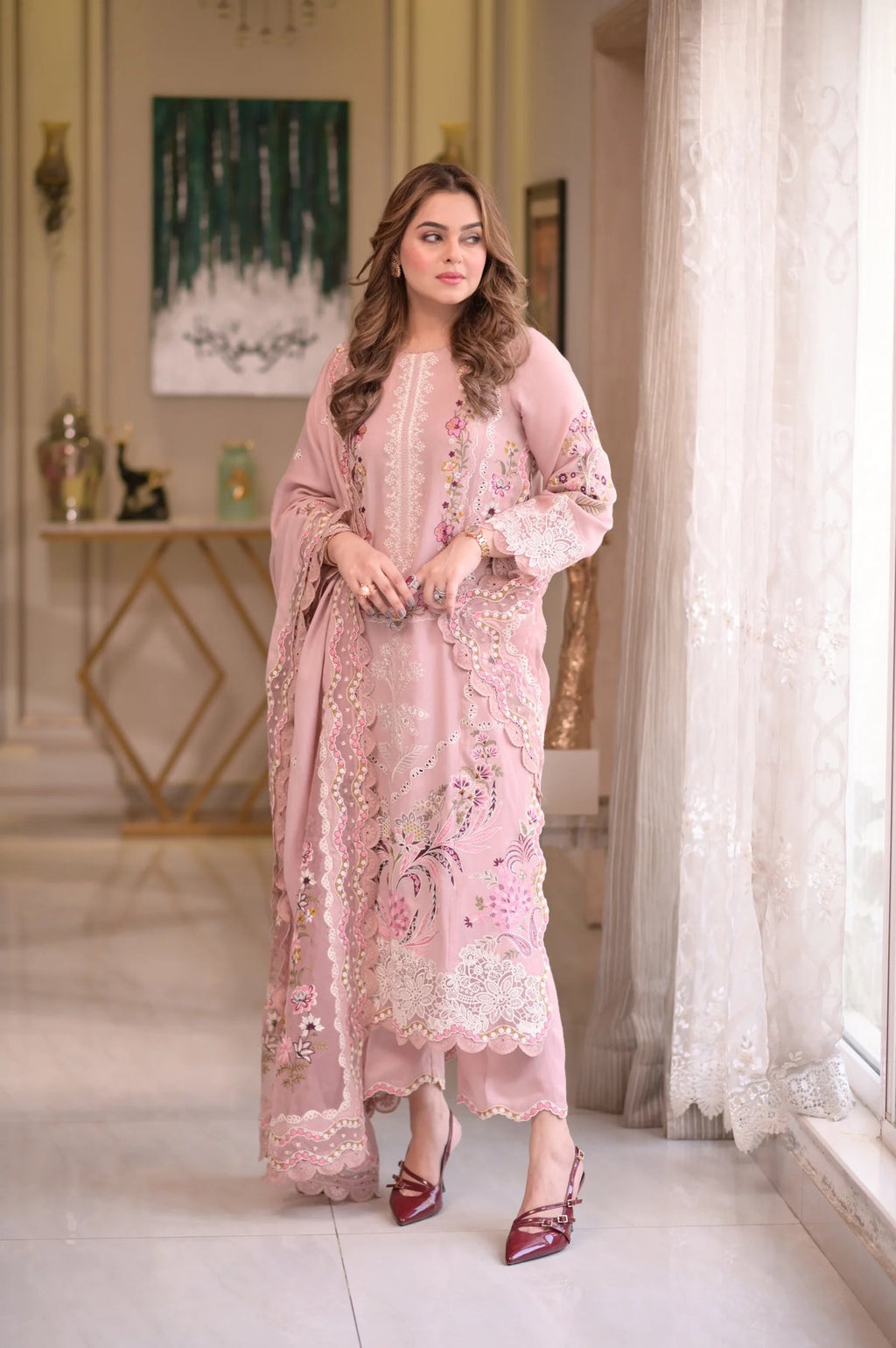 ANEELAS-3PC LAWN CHIKAN EMBROIDERED SHIRT WITH LAWN EMB DUPATTA AND TROUSER-SZ-4667
