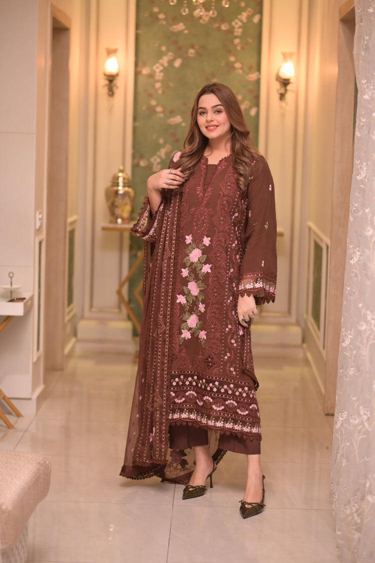 ANEELAS-3PC LAWN CHIKAN EMBROIDERED SHIRT WITH LAWN EMB DUPATTA AND TROUSER-SZ-4809