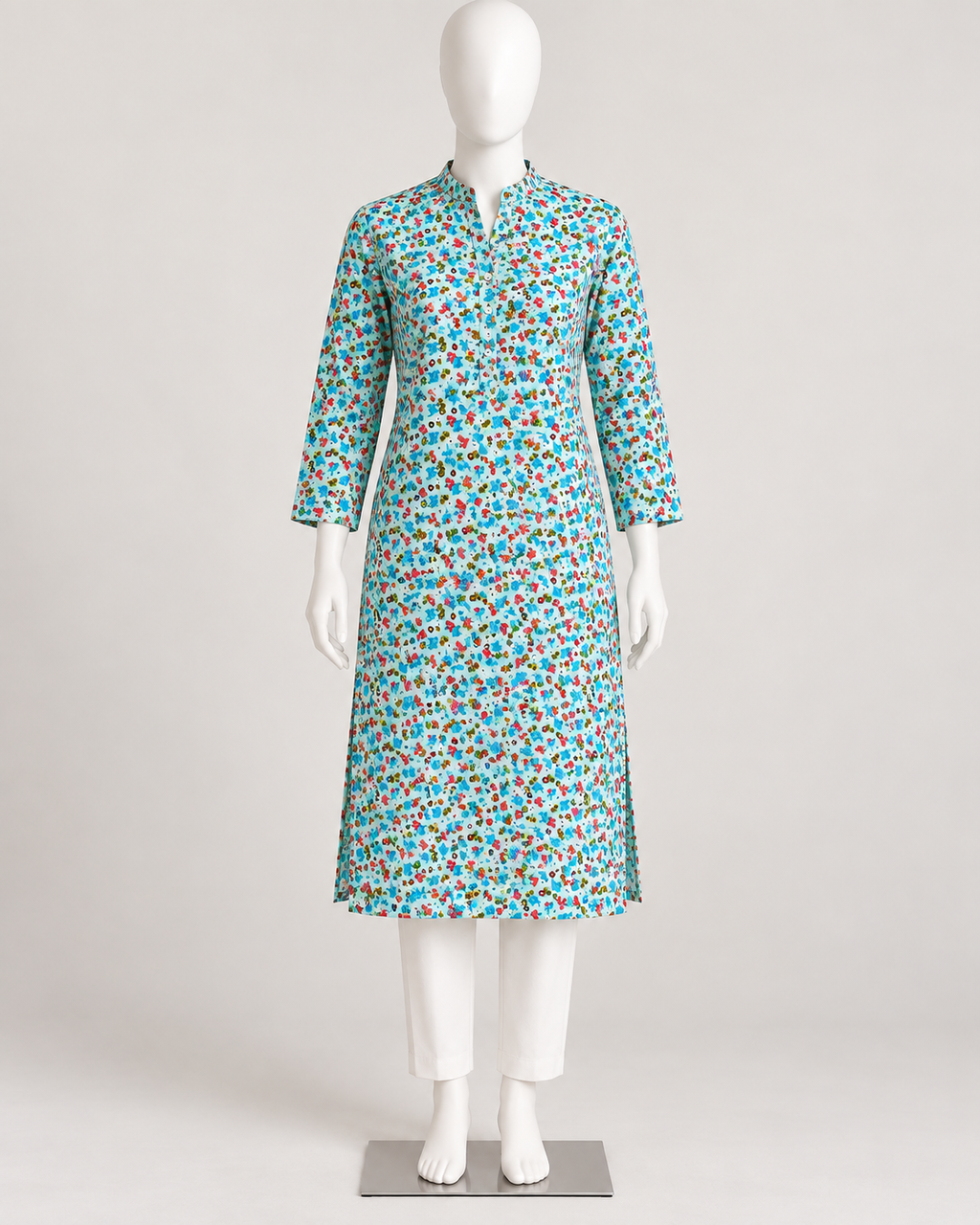 Aqua Mini Floral Printed Linen Fabric – Women’s Fall Unstitched Suit