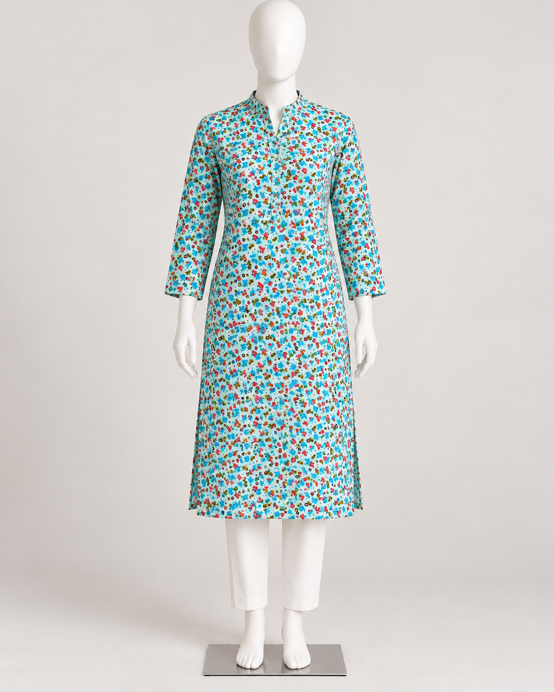 Aqua Mini Floral Printed Linen Fabric – Women’s Fall Unstitched Suit