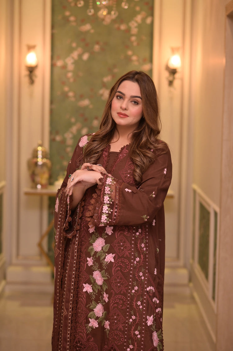 ANEELAS-3PC LAWN CHIKAN EMBROIDERED SHIRT WITH LAWN EMB DUPATTA AND TROUSER-SZ-4809