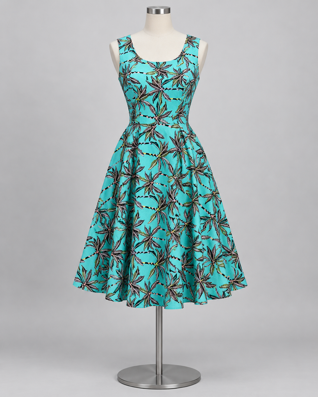 Stitched style reference - turquoise tropical palm print linen frock front view