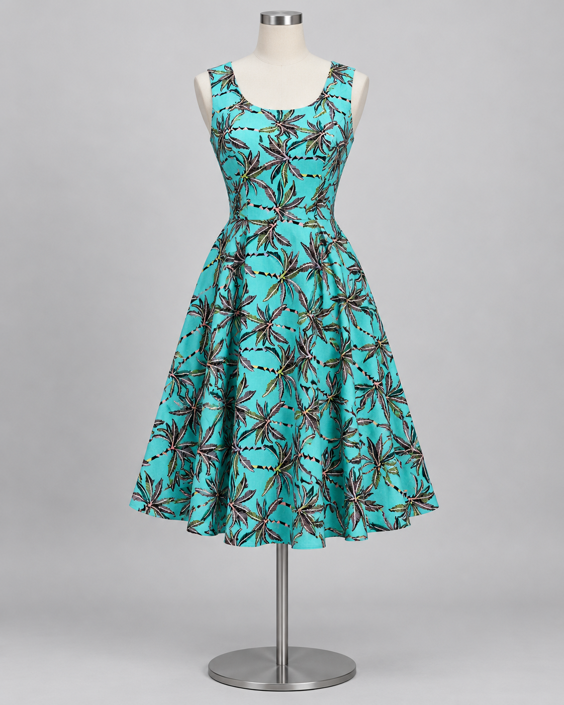 Stitched style reference - turquoise tropical palm print linen frock front view