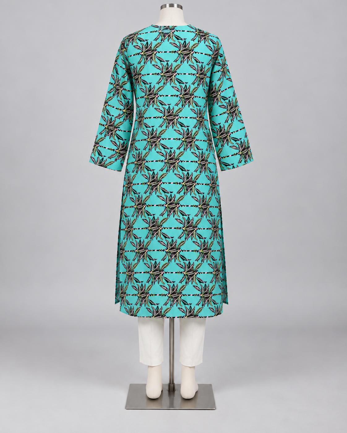 Stitched style reference - turquoise tropical palm print linen kurta back view
