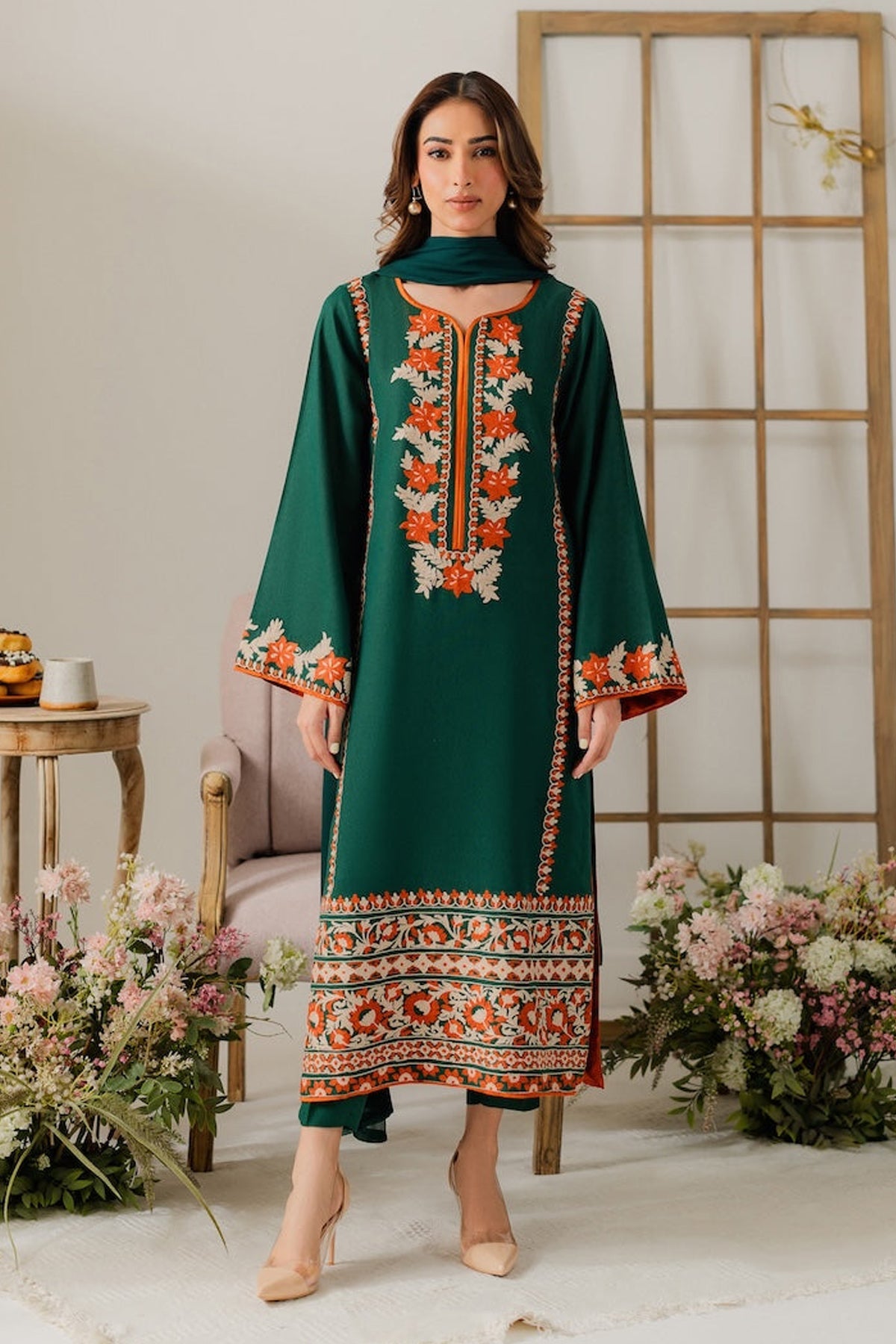 VINTAGE-3PC DHANAK EMBROIDERED SHIRT WITH BAMBER CHIFFON DUPATTA & TROUSER-BIC-4248